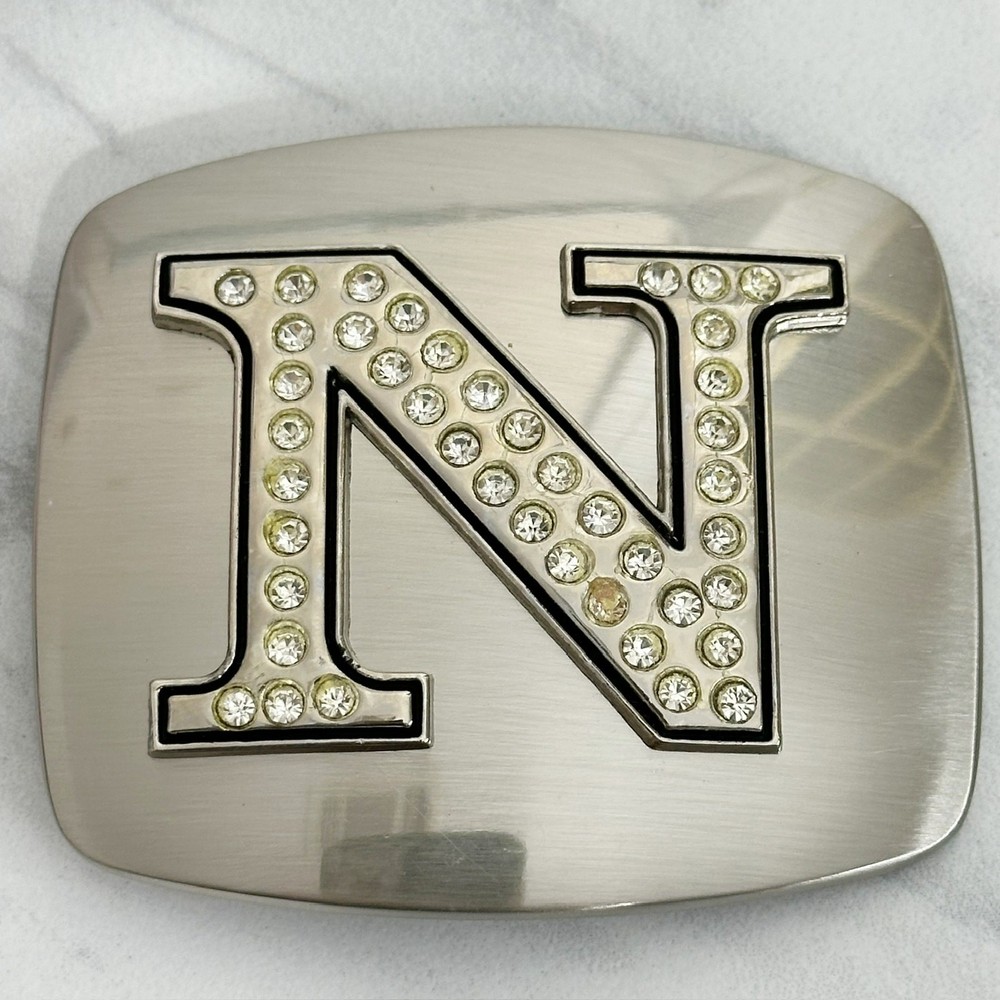 Rhinestone Studded N Letter Initial Monogram Silver Tone Belt Buckle