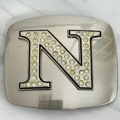 Rhinestone Studded N Letter Initial Monogram Silver Tone Belt Buckle