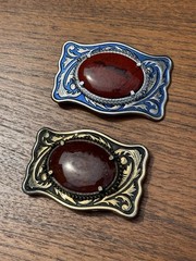 Men’s Western Belt Buckle Lot 2 Blue Silver Floral Red Stone Rectangular 1.5&Prime;
