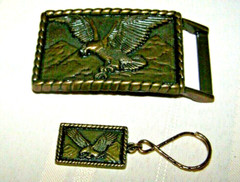 Brass Relief American Eagle spanned wings & mountains Belt Buckle and Key Chain