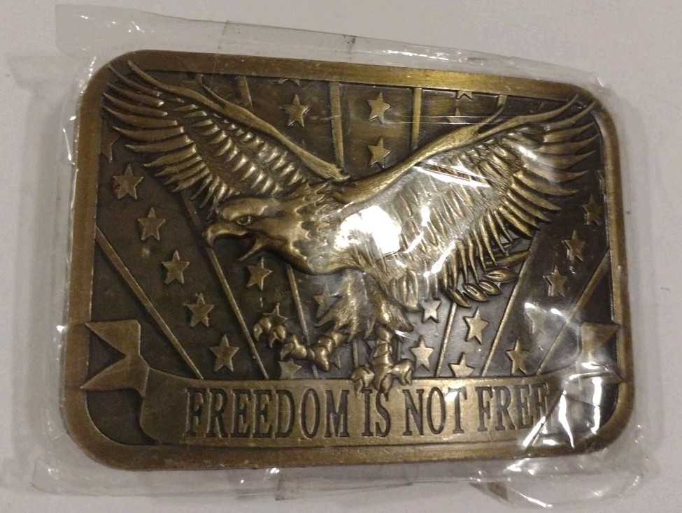 FREEDOM IS NOT FREE Eagle USA Belt Buckle 2×3 Made 2014 Sponsor Brass or Bronze