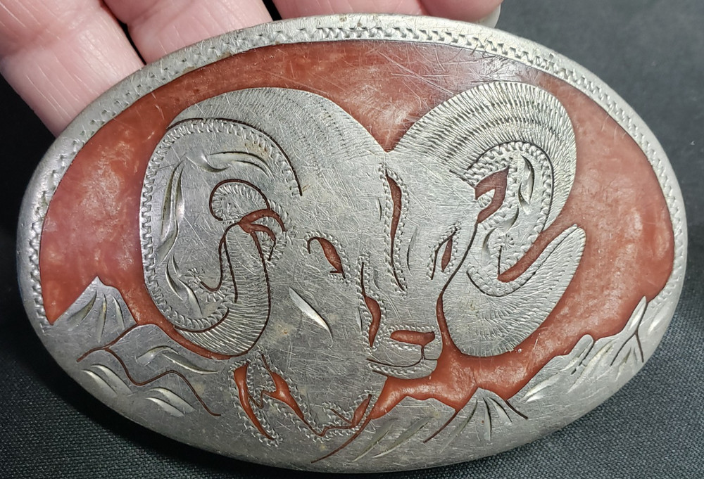 Silver Toned Metal Big Horned Sheep Ram Western Belt Buckle Rodeo Signed Gift