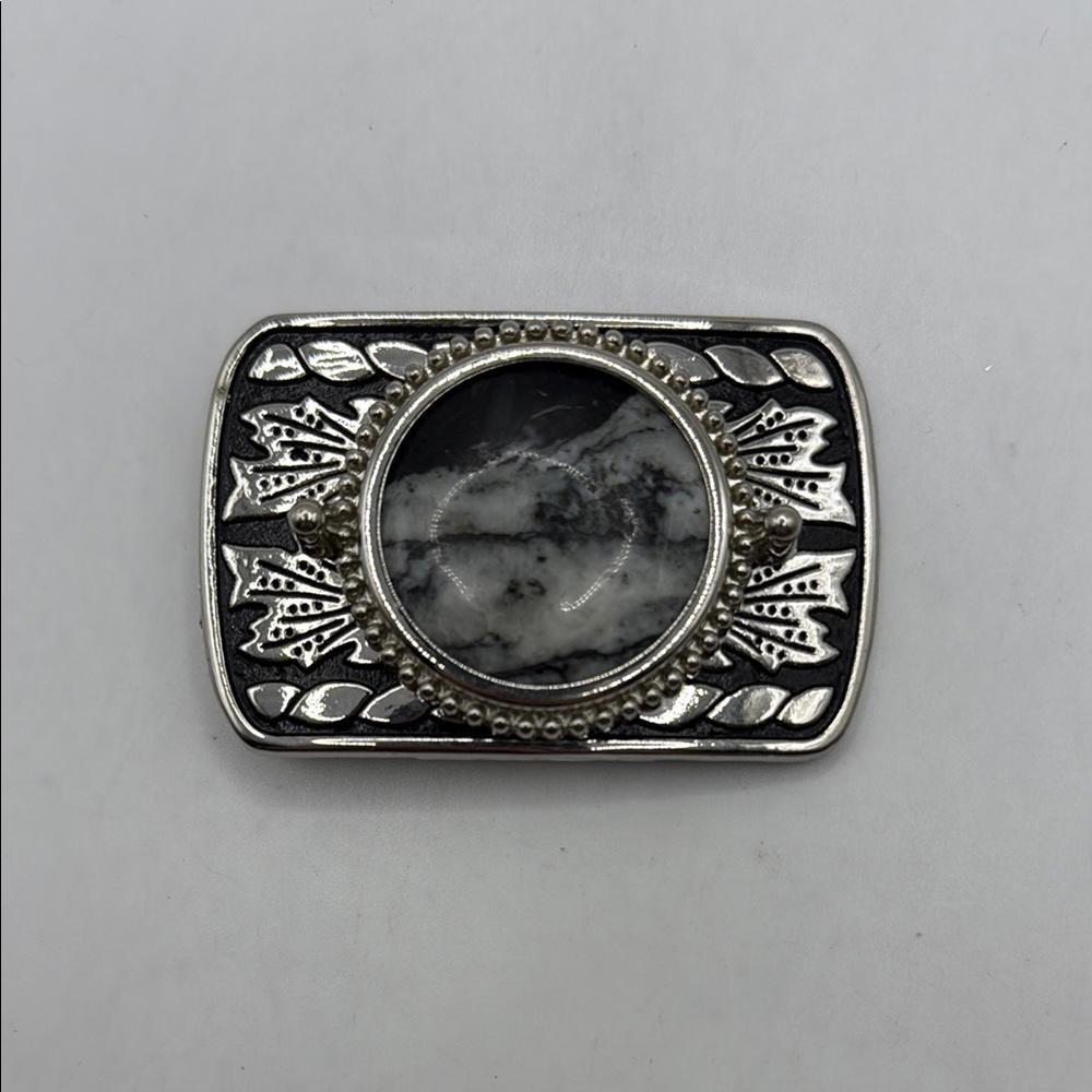 Vintage Silver Tone Black Belt Buckle Marble Stone Design Western Engraved