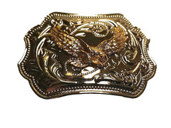 FLYING EAGLE Belt BUCKLE Gold on Silver Rectangular Metal Western/Biker/USA