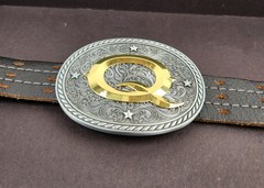 Western Belt Buckle Letter Q Initial Two Tone Pewter And Gold Oval