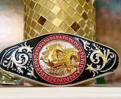 Running horses Western Men Long belt Buckle 7×3.5 silver, red and black oblong
