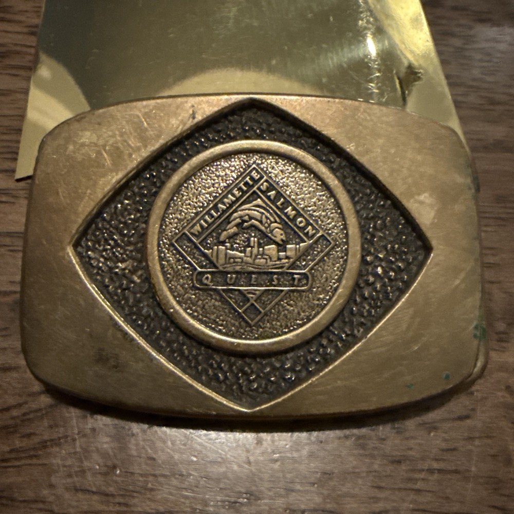 Vintage Solid Brass Williamette Salmon Quest Belt Buckle – C.A.S. – made in USA