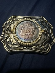 Silver/Gold Tone Men’s Metal Frame Belt Buckle, 1898 Morgan Dollar Coin, Floral