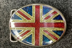 BELT BUCKLE, BRITISH UNION JACK FLAG, GLITTER ENAMEL (OVAL SHAPE, 3&Prime; X 2.5&Prime;)