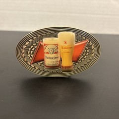 Vintage Budweiser Beer Belt Buckle 3D Raised Can & Glass Design Brass Tone Oval