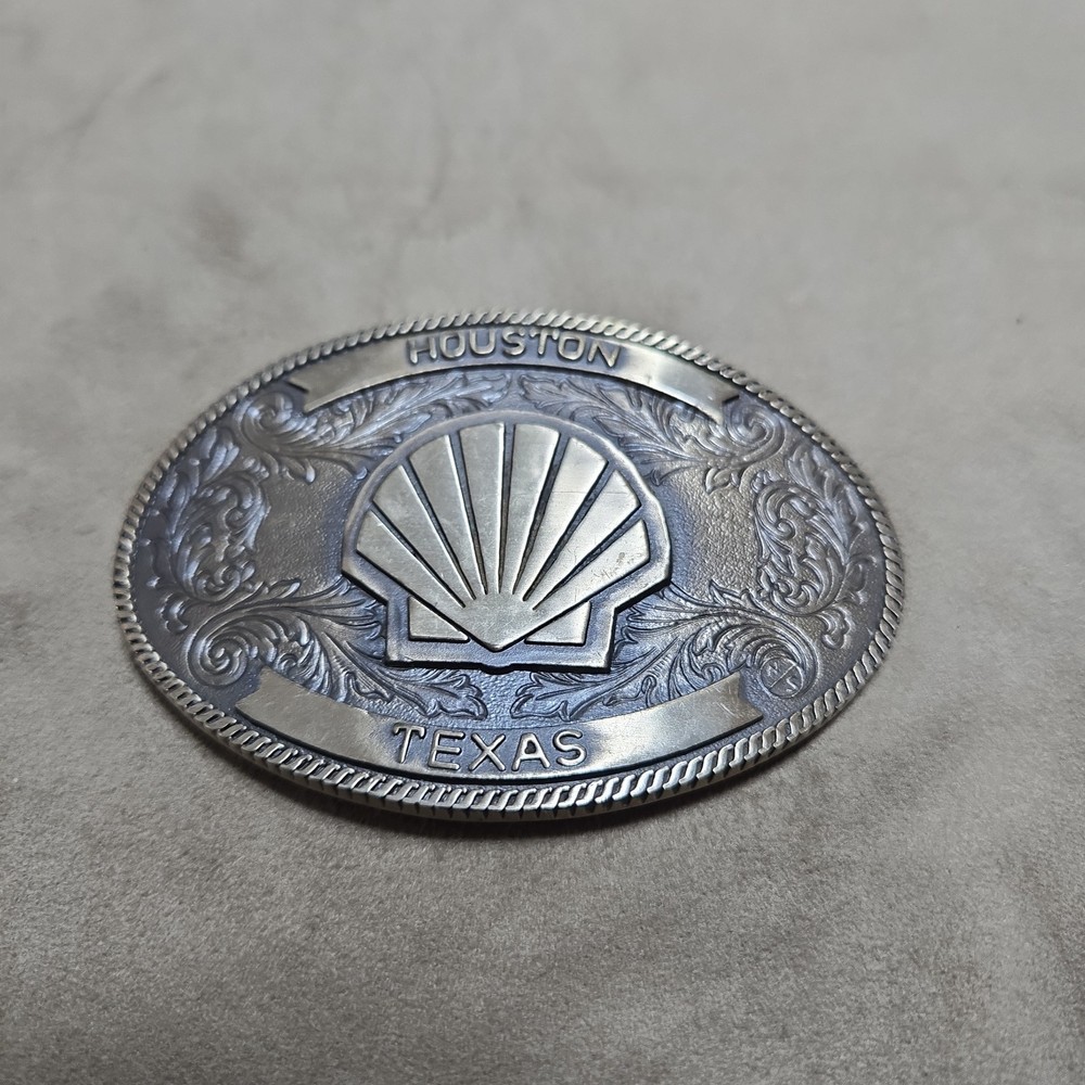Shell Huston Texas Belt Buckle Solid Brass Vintage