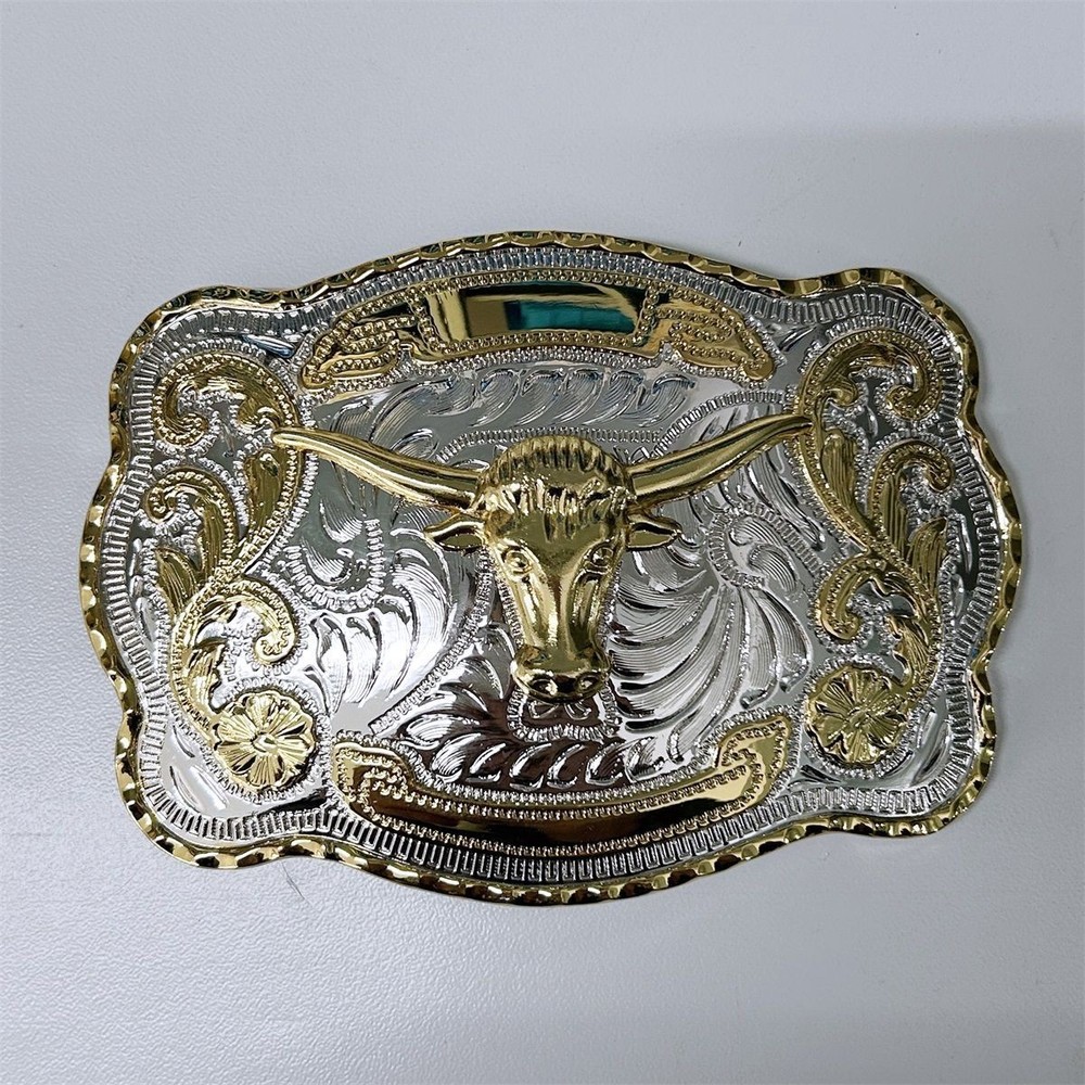 Large Western Bull Cowboy Cowgirl Gold/Silver Metal Belt Buckle