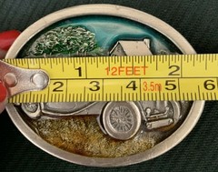 VINTAGE Belt Buckle PEWTER/ENAMEL Antique Convertible Car Fence Farm House 1984