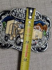 vintage USA made AMERICAN TRUCKER belt buckle SEMI TRUCK brass ENAMEL big rig