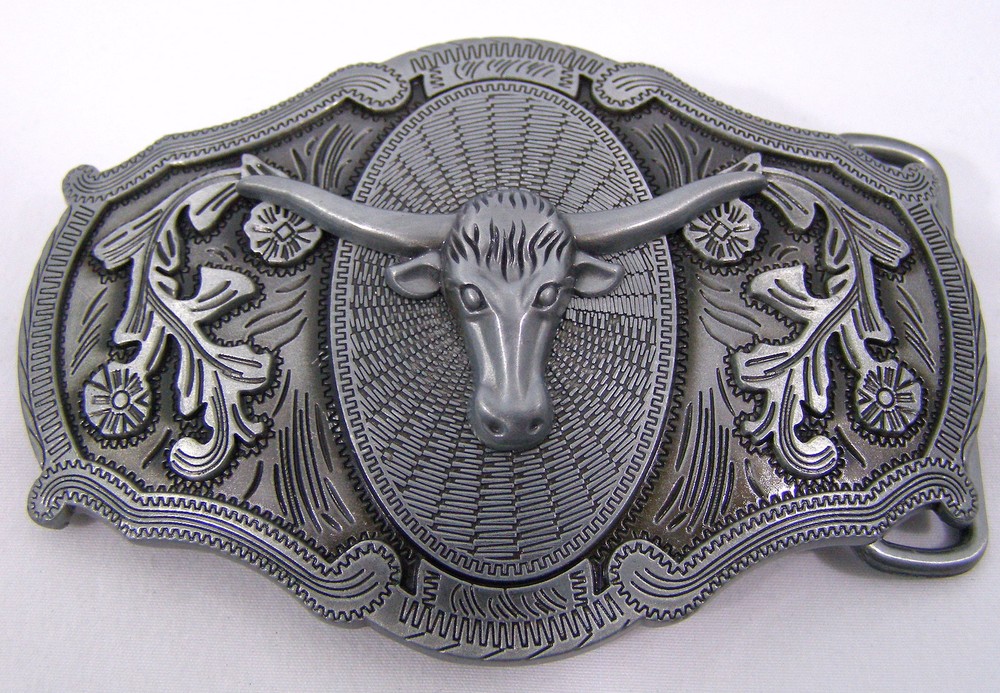 BELT BUCKLES Longhorn Head Western Scroll Antiqued Silver Gray Rectangular NWOT!