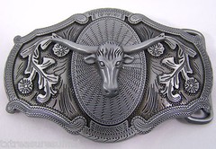 BELT BUCKLES Longhorn Head Western Scroll Antiqued Silver Gray Rectangular NWOT!