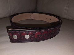 Red Burgundy Leather Hand Tooled Skulls Rockabilly Goth Leather Belt Size 34