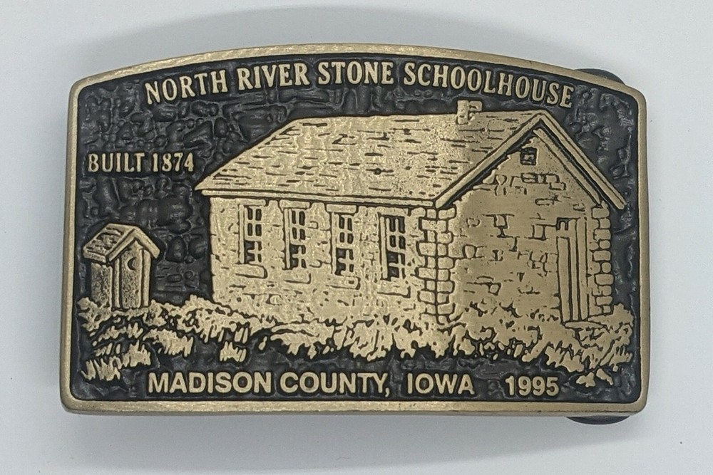 VTG 90&rsquo;S ADVANCED CASTING SOLID BRONZE BELT BUCKLE NORTH RIVER STONE SCHOOLHOUSE