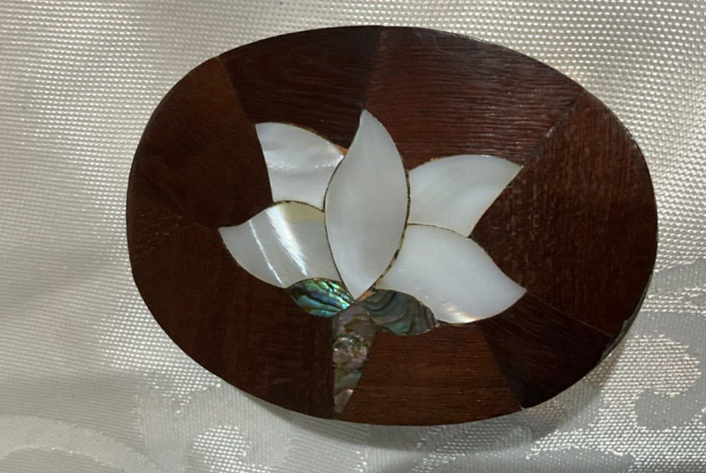 Belt Buckle VTG Mexico Metal Red Rose Wood Mother of Pearl Inlaid