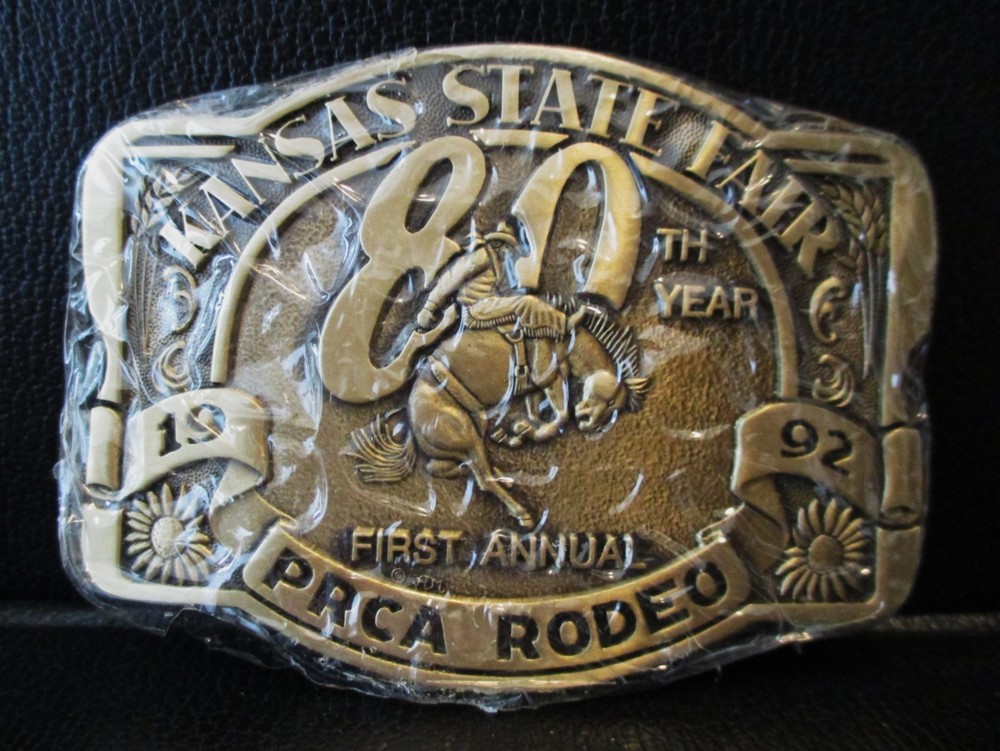 1992 Kansas State Fair Brass Belt Buckle 80th Anniversary 1st PRCA Rodeo Bronc