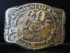 1992 Kansas State Fair Brass Belt Buckle 80th Anniversary 1st PRCA Rodeo Bronc