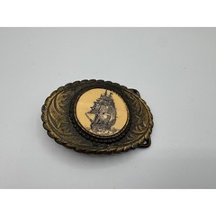 Vintage Oden Inc Brass Nautical Tall Ship Belt Buckle Oval Scrimshaw Style