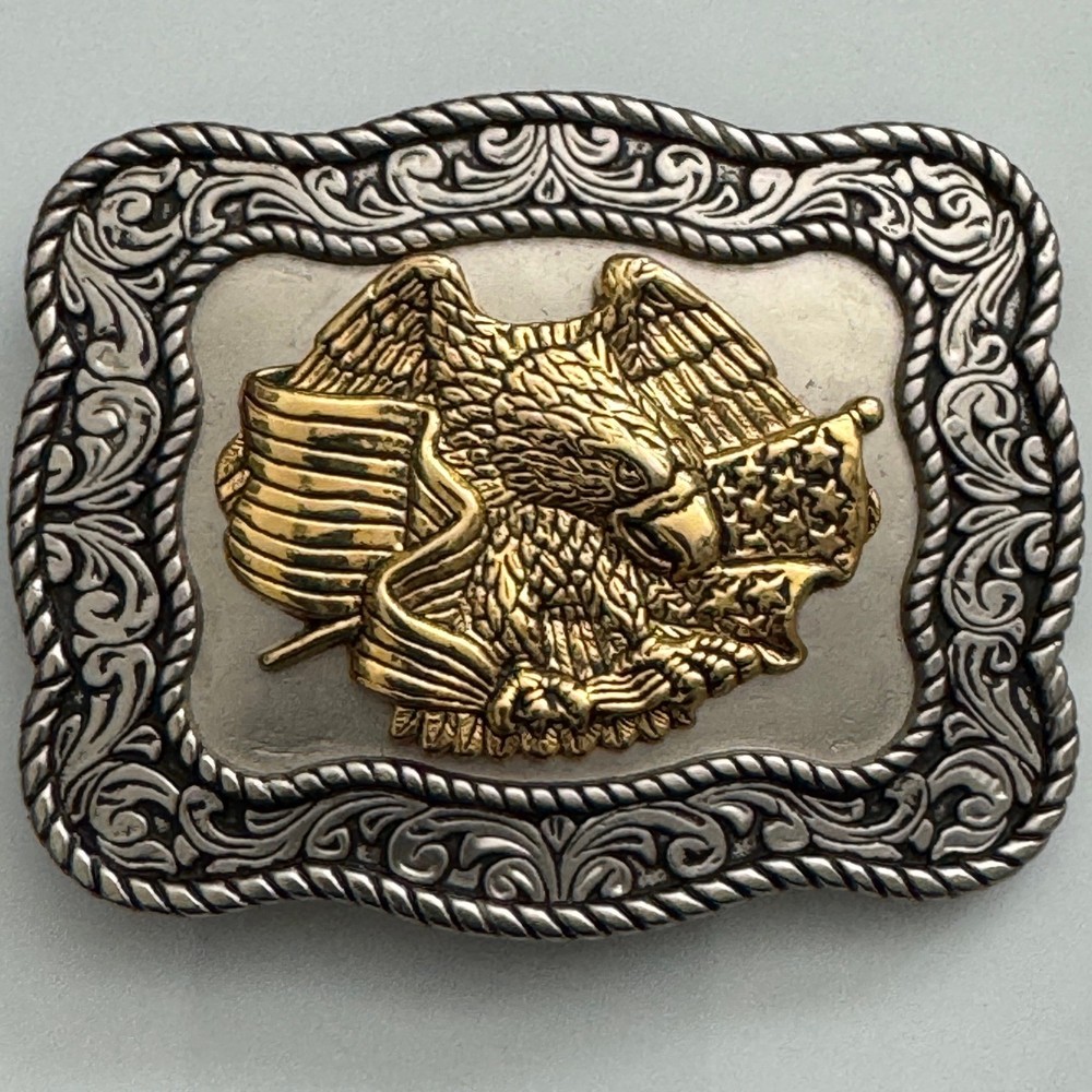 Western Eagle American Flag Belt Buckle Silver Gold Tone Metal Made in Mexico