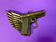 Winged Gun Flying Pistol Handgun Figural Cutout Brass Tone 4&Prime; Wide Belt Buckle