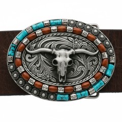 Men Silver Metal Buckle Western Fashion Bull Long Horn Texas Cow Rodeo Statement