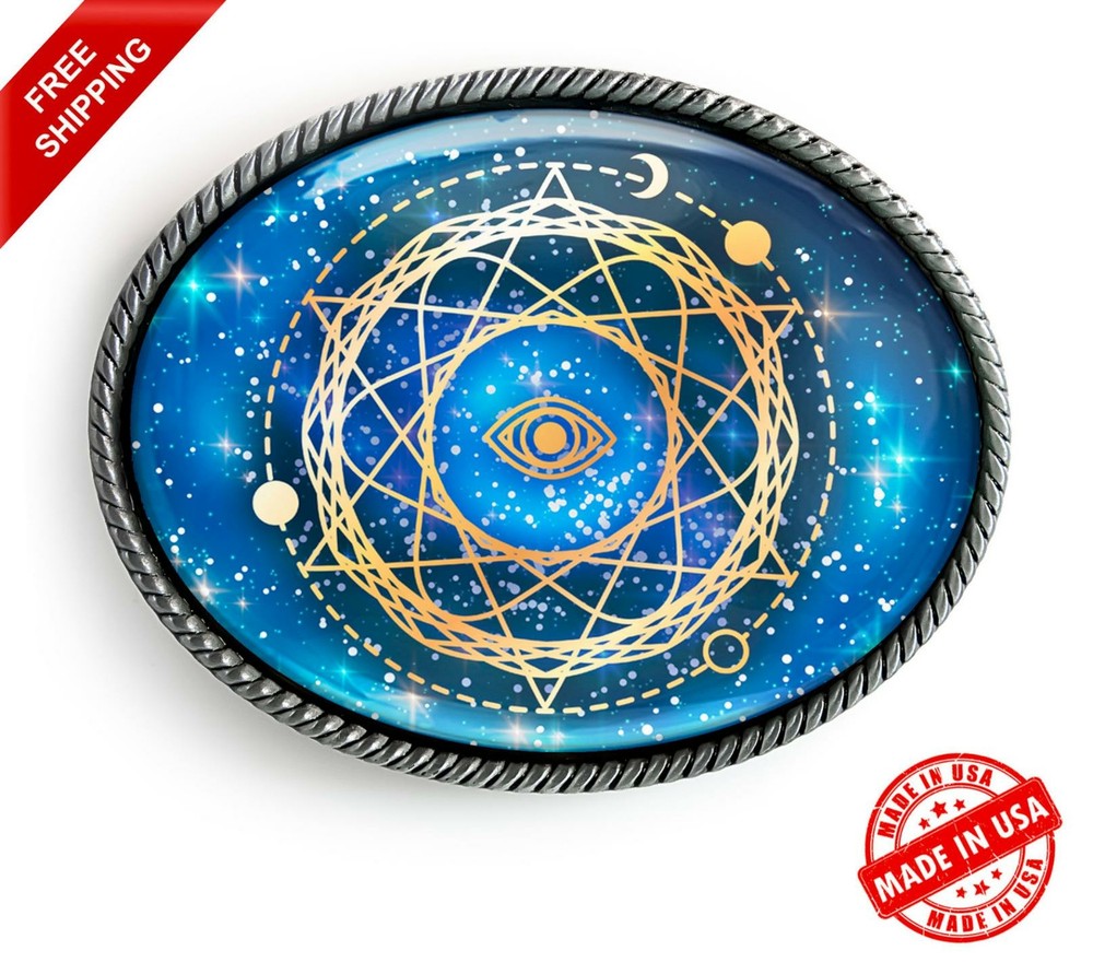 Sacred Geometry Belt Buckle – Esoteric Celestial Evil Eye Handmade Buckle – 796