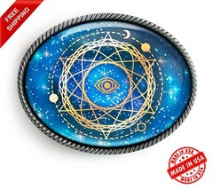 Sacred Geometry Belt Buckle – Esoteric Celestial Evil Eye Handmade Buckle – 796