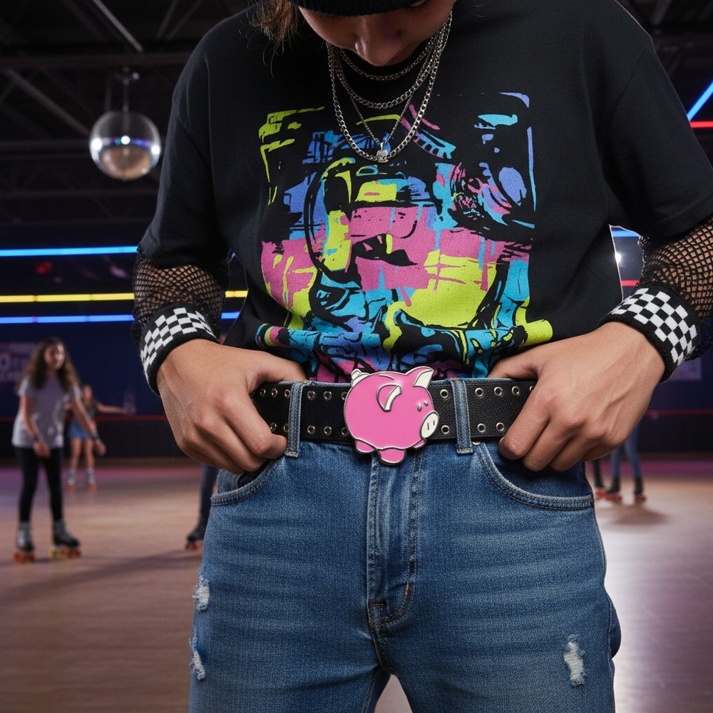 Men Women Teen Metal Fashion Belt Buckle Pink Piggy Bank Animation Day Easy Wear