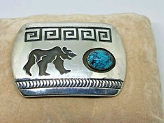 Navajo ~Rosco Scott ~Sterling Silver Overlay Turquoise Bear Belt Buckle – #419