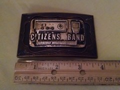 CB RADIO BELT BUCKLE CITIZENS BAND GOLD COPPER COLOR METAL RECTANGULAR UNMARKED.
