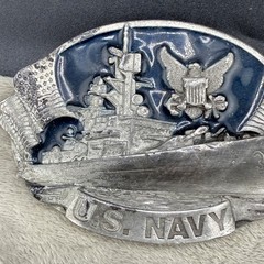 Vintage Bergomot Brass Works US Navy Belt Buckle Silver Tone Enamel