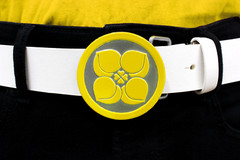 Yellow Silver Buckle White Leather Belt Peach Four Leaf Clover Removable Japan