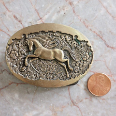 Vtg Award Design Medals Solid Brass Horse Belt Buckle Oval Western Floral Scroll