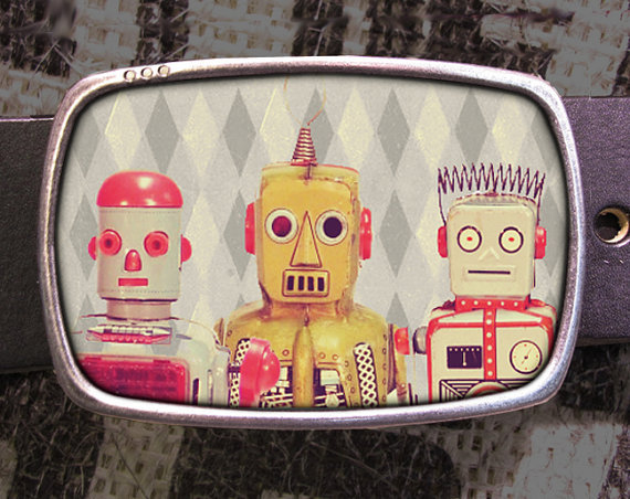 Robot Friends Vintage Inspired Art Gift Robots Bots Belt Buckle
