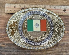 Large Oval Mexican Flag Western Cowboy Belt Buckle; Estados Unidos Mexicanos