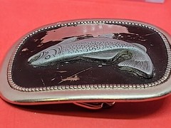 USED Great Fun Fashionable Belt Buckle Heavy Duty SALMON FISH WORN BLACK BACKGD