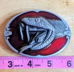 Vintage Snake Cobra Head Belt Buckle Red Enamel Pewter Tone 3D Viper Fangs Large