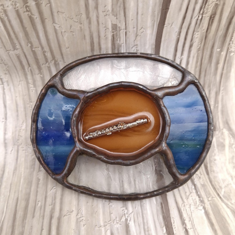 Vtg Stained Glass Flute Belt Buckle Handmade Copper Tone Blue Art Glass Artisan