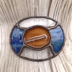 Vtg Stained Glass Flute Belt Buckle Handmade Copper Tone Blue Art Glass Artisan