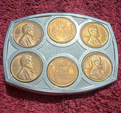 Belt Buckle with Embedded Lincoln One Cent Pennies, Silver Tone Plate Buckle