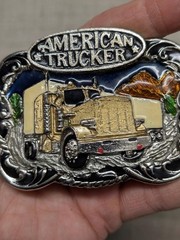 vintage USA made AMERICAN TRUCKER belt buckle SEMI TRUCK brass ENAMEL big rig