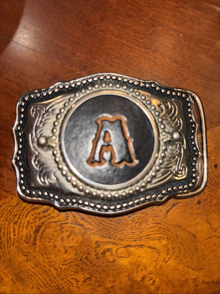 Western Belt Buckle Monogram Letter A Silver Tone With Leather Very nice!