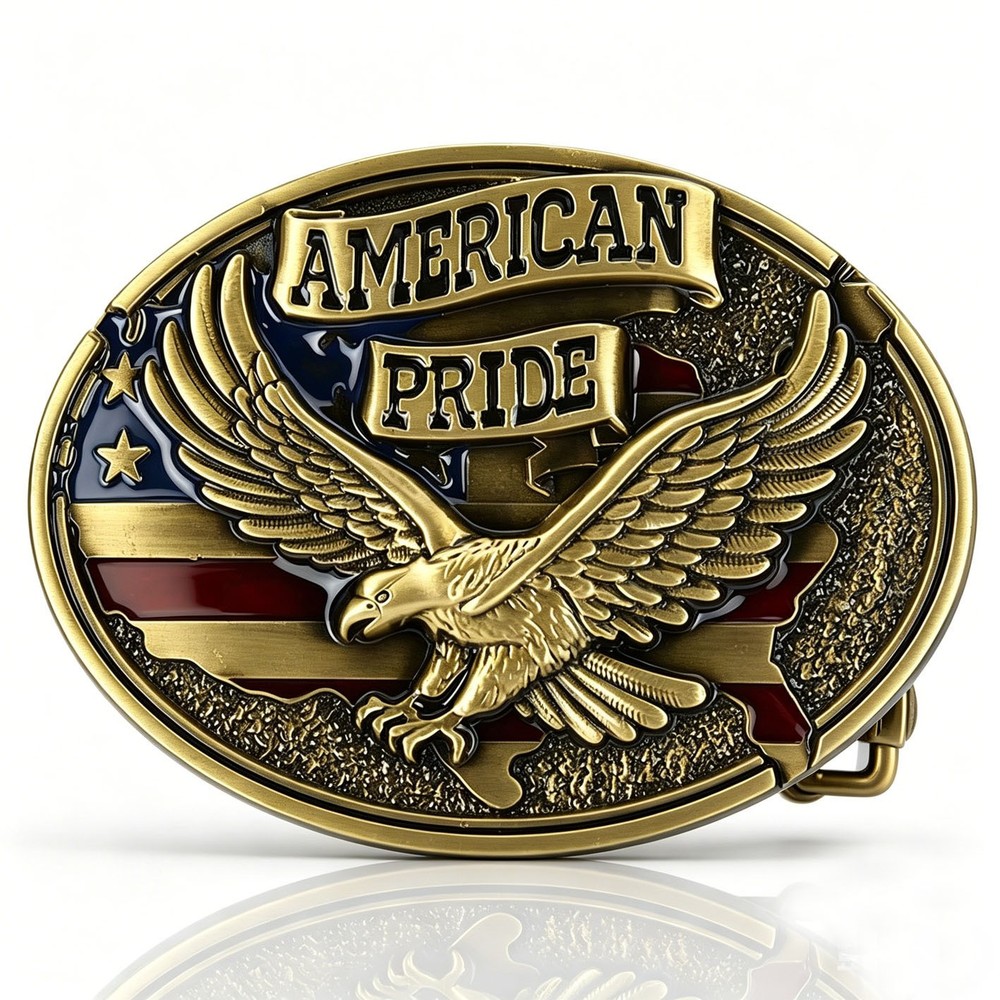 Antique Brass Belt Buckle American Flag Eagle Western Cowboy Patriotic Men Gift