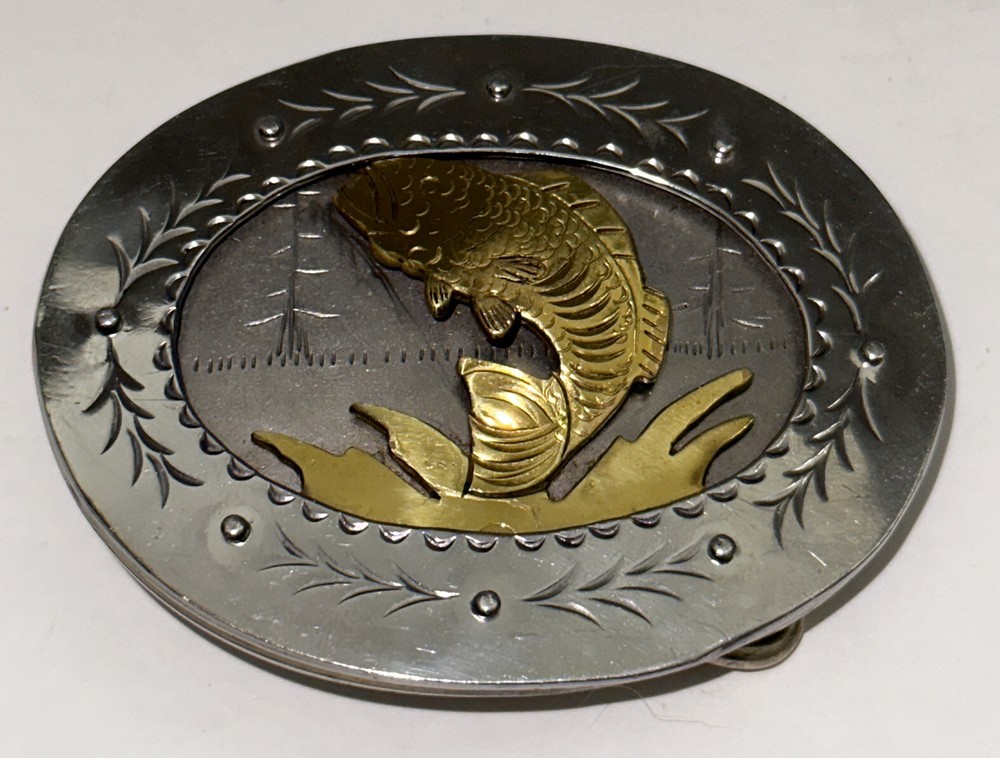 Framed Fish Handmade Stamped & Riveted Belt Buckle with Makers Mark on Back EUC