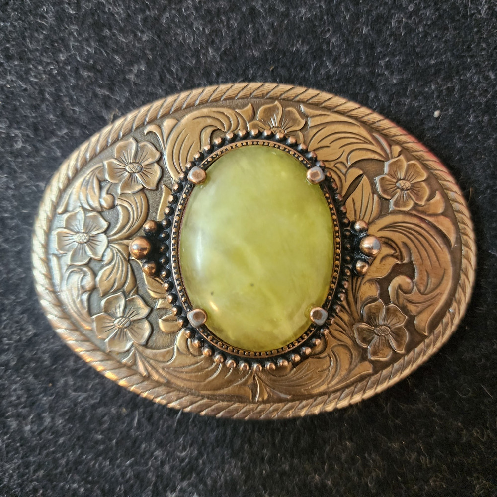 Vintage Western Floral Belt Buckle Yellow-Green Serpentine-Style Stone