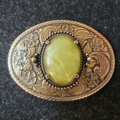 Vintage Western Floral Belt Buckle Yellow-Green Serpentine-Style Stone